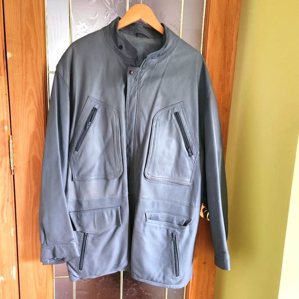 XXL Gray Vintage Leather 90s Coat Jacket
